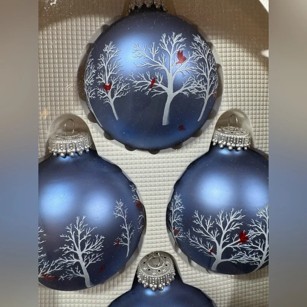 Elegant glass Christmas blue with trees, and birds, ornaments by Krebs